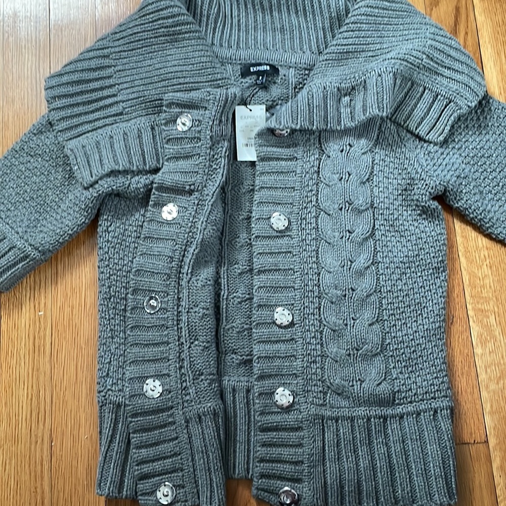 Express Cable Knit Sweater with 3/4 sleeves and snap front - Picture 3 of 5